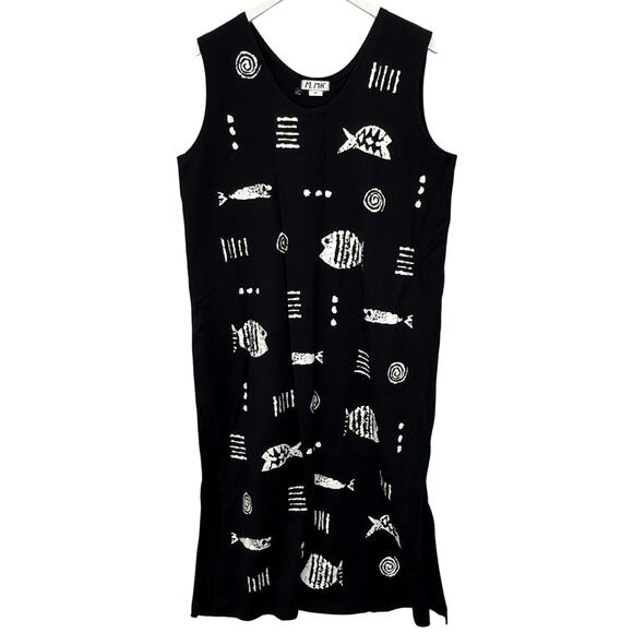 Vintage M. Max Sleeveless Black Dress Painted Fish Tribal Plus Size 1X long Art - Picture 1 of 6